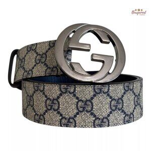 Authentic Gucci Blue GG Supreme Silver Interlocking G Buckle Belt Size 95/38